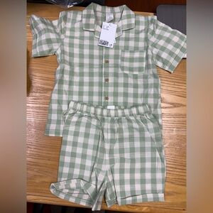 NWT H&M 3t Green and White Checkered Shirt and Shorts Set boy girl